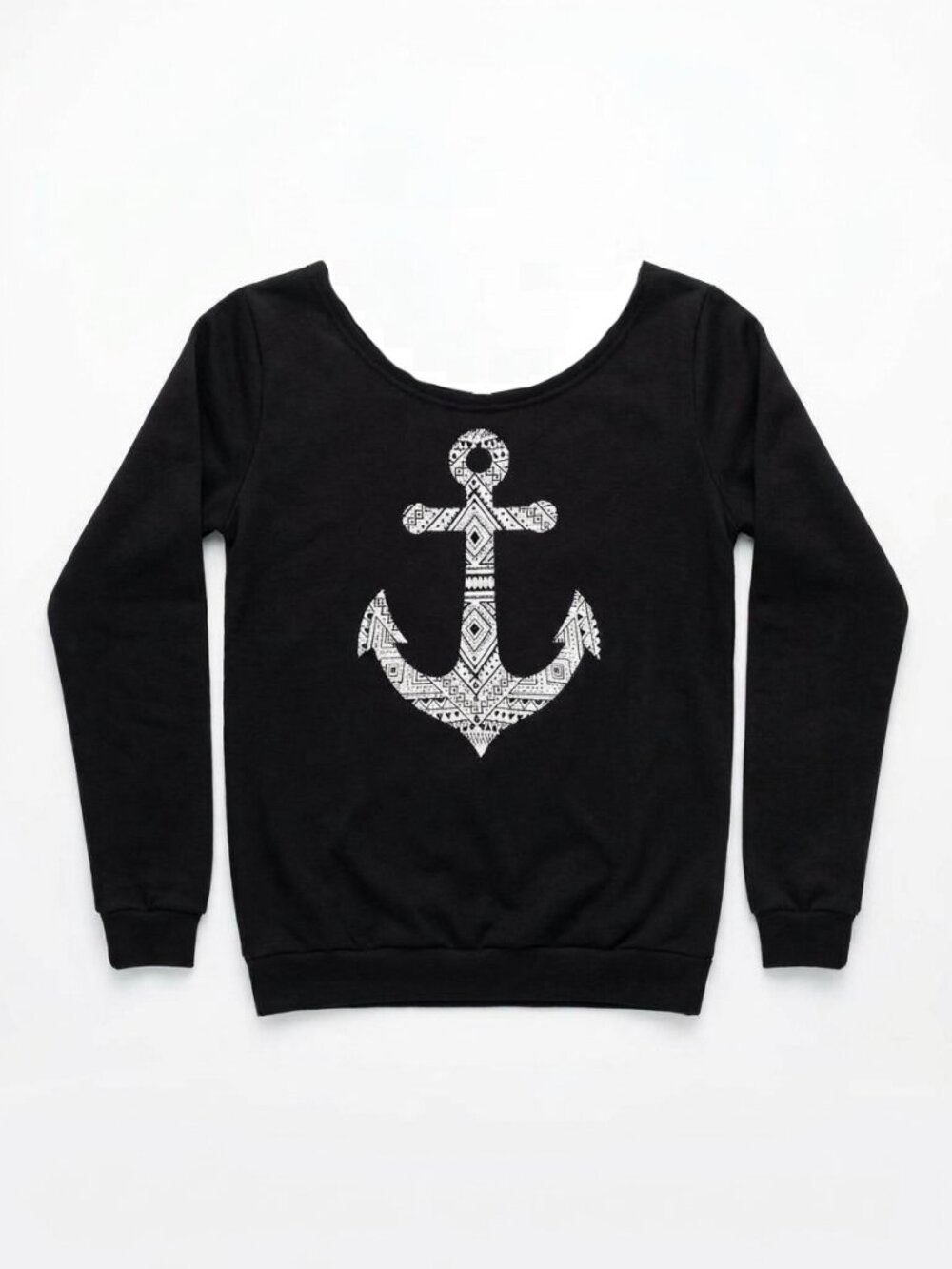 AI MEI - Black Boho Tribal Anchor Off Cozy Pullover Shoulder Sweatshirt - Medium